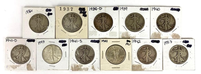 Group of 11 US Walking Liberty Silver Half Dollars