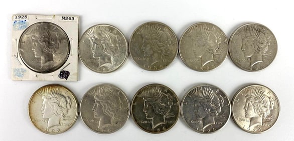 Group of 10 US Peace Silver Dollars