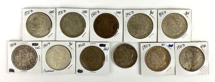Group of 11 1921 D US Morgan Silver Dollars