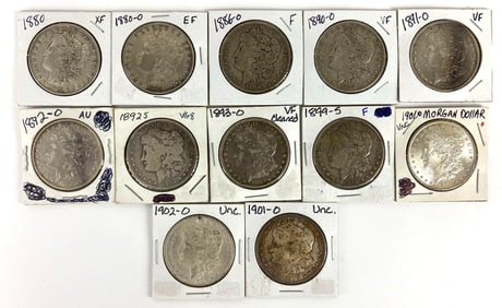 Group of 12 US Morgan Silver Dollars