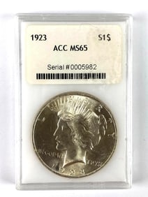 1923 ACC Graded MS 65 US Peace Silver Dollar