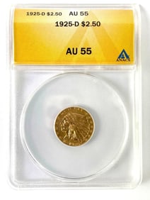 1925 D ANACS Graded AU 55 $2.50 Indian Gold Head