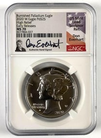 NGC Graded 2020 Signed $25 US Burnished 1 oz Palladium Eagle MS 70