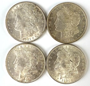 Group of 4 1921 US $1 Morgan Silver Dollars