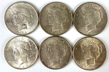 Group of 6 1922 $1 US Peace Silver Dollars