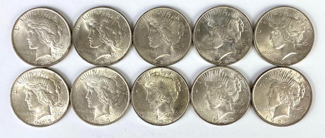 Group of 10 1923 US $1 Peace Silver Dollars