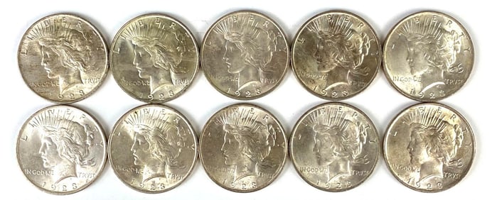 Group of 10 1923 US $1 Peace Silver Dollars
