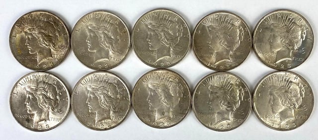 Group of 10 1923 US $1 Peace Silver Dollars