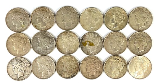 Group of 18 1920s US $1 Peace Silver Dollars