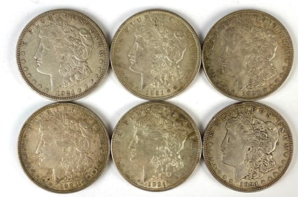 Group of 6 1921-D US $1 Morgan Silver Dollars