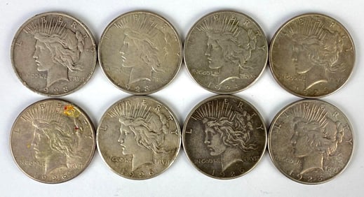 Group of 8 1920s US $1 Peace Silver Dollars