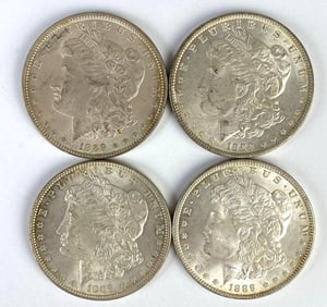 Group of 4 1889 US $1 Morgan Silver Dollars