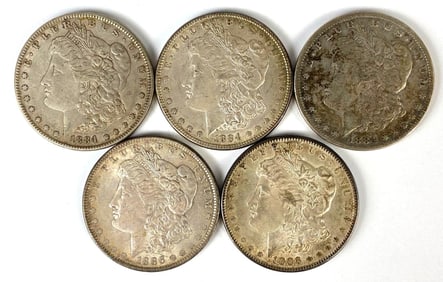 Group of 5 1880's US $1 Morgan Silver Dollars