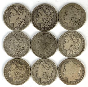 Group of 9 1800's US $1 Morgan Silver Dollars