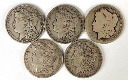 Group of 5 1900's US $1 Morgan Silver Dollars