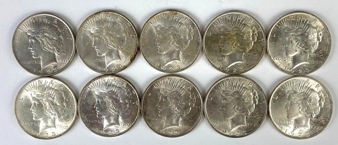 Group of 10 1920s US $1 Peace Silver Dollars