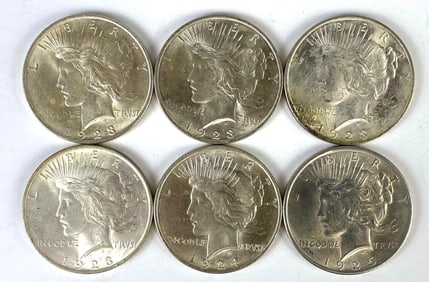 Group of 6 1920s US $1 Peace Silver Dollars