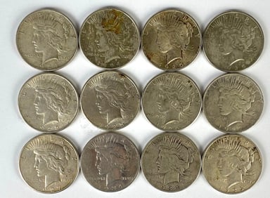 Group of 12 1920a-1930s US $1 Peace Silver Dollars