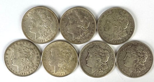 Group of 7 1921 US $1 Morgan Silver Dollars