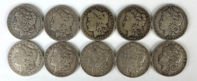 Group of 10 1890's-1900's US $1 Morgan Silver Dollars