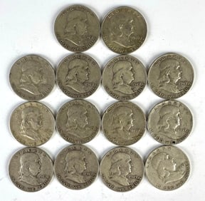 Group of 14 1949 US Franklin Silver Half Dollars