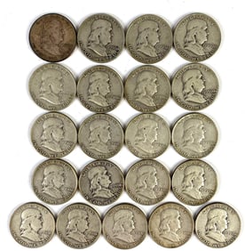 Group of 21 1950 US Franklin Silver Half Dollars