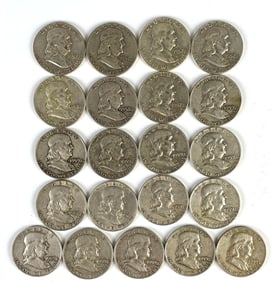 Group of 21 1950s US Franklin Silver Half Dollars