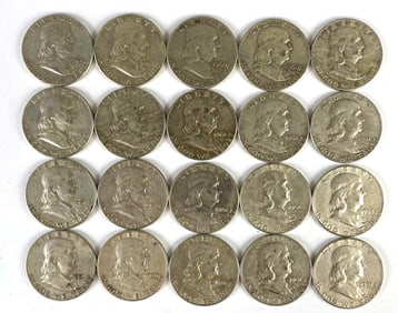 Group of 20 1960s US Franklin Silver Half Dollars