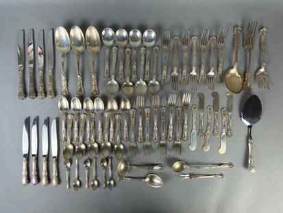 Group of Gorham Sterling Silver Buttercup Pattern Flatware and More: Majority Gorham Buttercup, Includes some other maker serving utensils, Includes 8 soup spoons, 11 dinner spoons, 6 teaspoons, 7 dinner forks, 8 dessert forks, 8 weighted knives, and serving utensils,