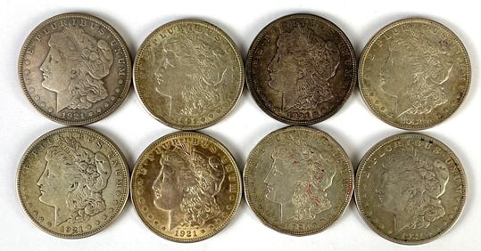 Group of 8 1921 US $1 Morgan Silver Dollars
