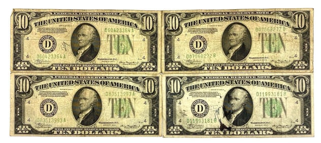 Group of 4 1934 $10 Green Seal Federal Reserve Notes