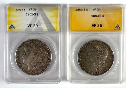 Group of 2 ANACS Graded US $1 Morgan Silver Dollars