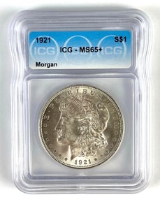 ICG Graded 1921 US $1 Morgan Silver Dollar MS65+