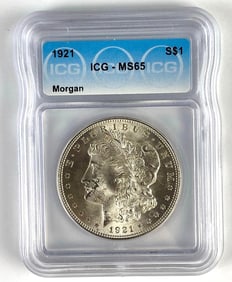 ICG Graded 1921 US $1 Morgan Silver Dollar MS65