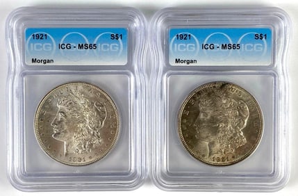 Group of 2 ICG Graded 1921 US $1 Morgan Silver Dollar MS65