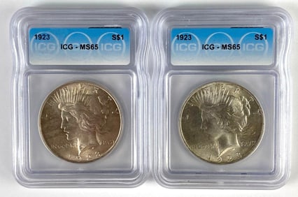 Group of 2 ICG Graded 1923 US $1 Peace Silver Dollars MS65