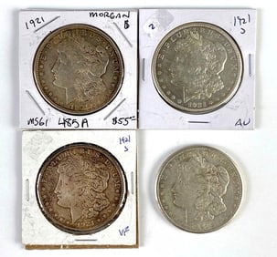 Group of 4 1921 US $1 Morgan Silver Dollars