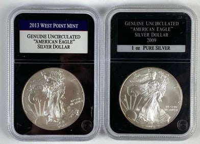 Group of 2 PCS Graded US $1 American Eagle 1oz Silver Dollars Genuine Uncirculated