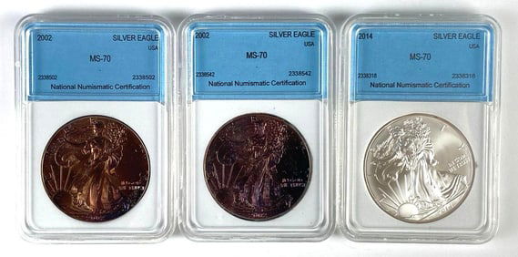 Group of 3 NNC Graded US $1 American Silver Eagle 1oz Silver Dollars MS70