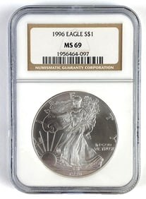 NGC Graded 1996 US $1 American Silver Eagle 1oz Silver Dollar MS69