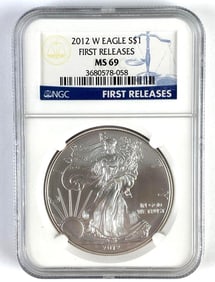 NGC Graded 2012-W US $1 American Silver Eagle 1oz Silver Dollar MS69