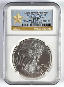 NGC Graded 2013-W US $1 American Silver Eagle 1oz Silver Dollar MS69