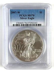 PCGS Graded 2007-W US $1 American Silver Eagle 1oz Silver Dollar MS70