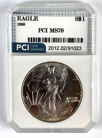PCI Graded 1988 US $1 American Silver Eagle 1oz Silver Dollar MS70