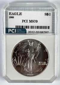 PCI Graded 1988 US $1 American Silver Eagle 1oz Silver Dollar MS70