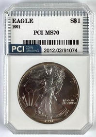PCI Graded 1991 US $1 American Silver Eagle 1oz Silver Dollar MS70