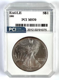 PCI Graded 1992 US $1 American Silver Eagle 1oz Silver Dollar MS70