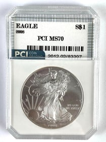 PCI Graded 2008 US $1 American Silver Eagle 1oz Silver Dollar MS70