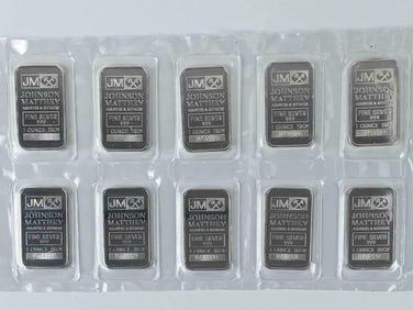 Group of 10 Johnson Matthey 1 oz .999 Fine Silver Ingot/ Bars