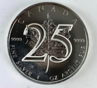2014 Canada $5 Maple Leaf 25th Anniversary 1 oz .999 Fine Silver Coin